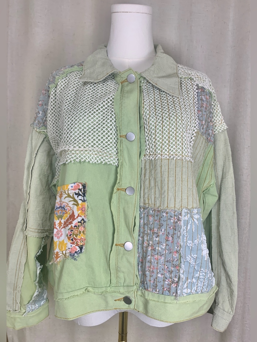 POL Sage Green Patchwork Jacket Floral Crochet Mesh Boho S